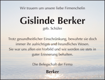 Traueranzeige von Gislinde Berker 