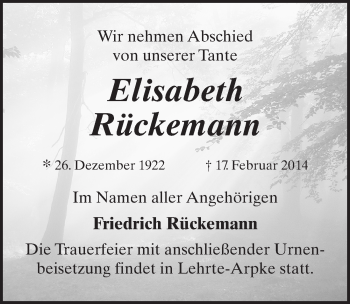 Traueranzeige von Elisabeth Rückemann 