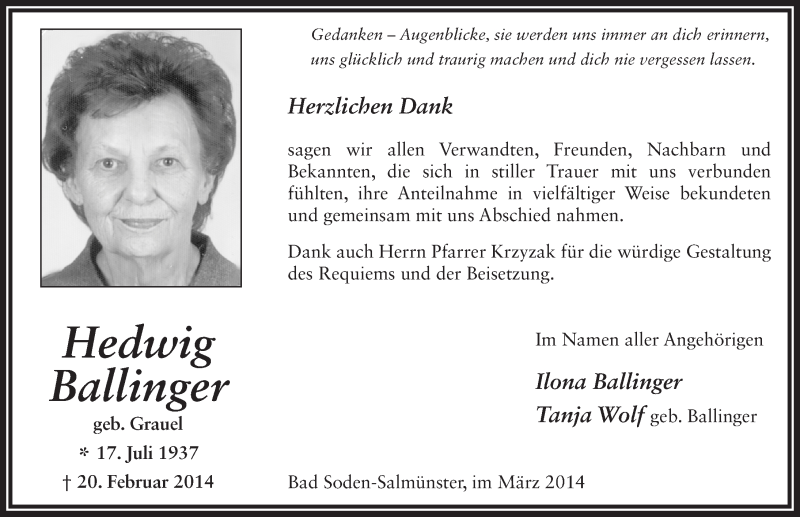  Traueranzeige für Hedwig Ballinger vom 08.03.2014 aus 