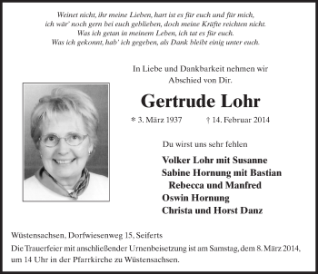Traueranzeige von Gertrude Lohr 