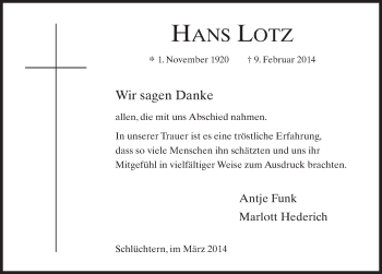 Traueranzeige von Hans Lotz 