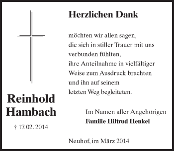 Traueranzeige von Reinhold Hambach 