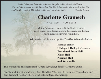 Traueranzeige von Charlotte Gramsch 