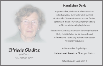 Traueranzeige von Elfriede Gladitz 