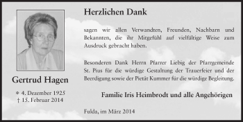 Traueranzeige von Gertrud Hagen 