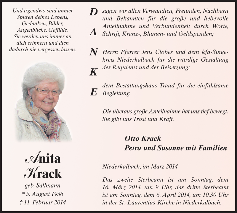  Traueranzeige für Anita Krack vom 14.03.2014 aus 