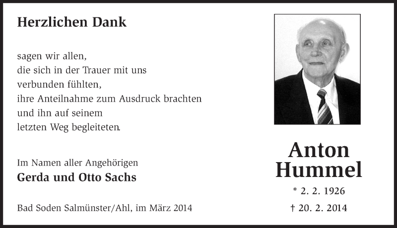  Traueranzeige für Anton Hummel vom 19.03.2014 aus 