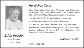 Traueranzeige von Edith Fröhler 