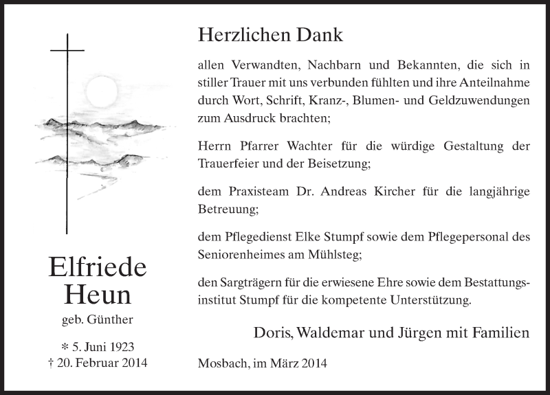  Traueranzeige für Elfriede Heun vom 22.03.2014 aus 