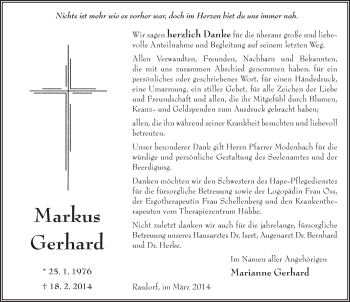 Traueranzeige von Markus Gerhard 