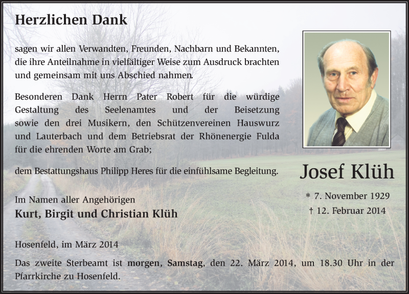 Traueranzeige für Josef Klüh vom 21.03.2014 aus 