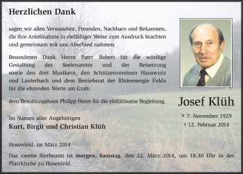 Traueranzeige von Josef Klüh 