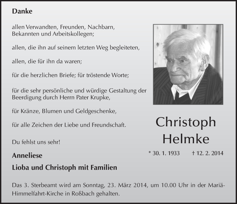  Traueranzeige für Christoph Helmke vom 20.03.2014 aus 