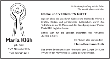 Traueranzeige von Maria Klüh 