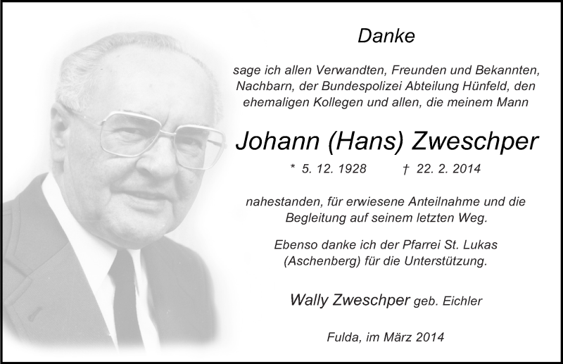  Traueranzeige für Johann (Hans) Zweschper vom 22.03.2014 aus 