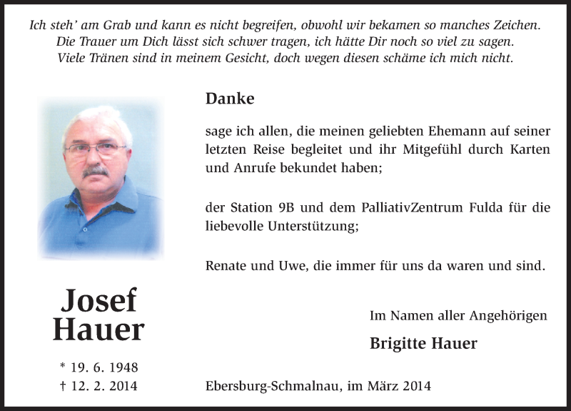  Traueranzeige für Josef Hauer vom 22.03.2014 aus 