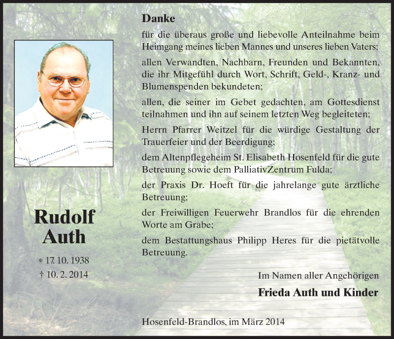 Traueranzeige für Rudolf Auth vom 28.03.2014 aus 