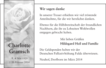 Traueranzeige von Charlotte Gramsch 