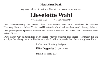 Traueranzeige von Lieselotte Wahl 