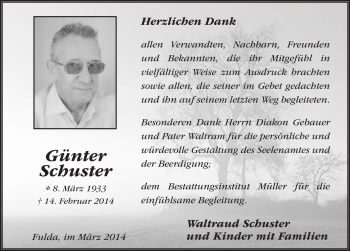 Traueranzeige von Günter Schuster 