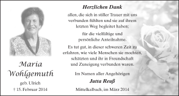 Traueranzeige von Maria Wohlgemuth 