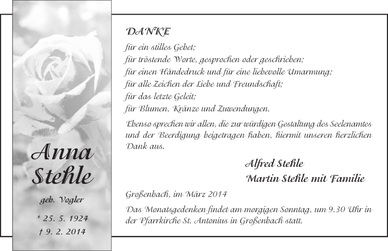  Traueranzeige für Anna Stehel vom 29.03.2014 aus 