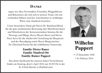 Traueranzeige von Wilhelm Pappert 