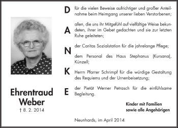 Traueranzeige von Ehrentraud Weber 