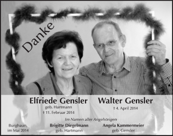 Traueranzeige von Elfriede Gensler 