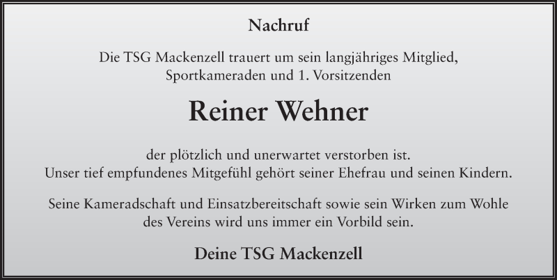  Traueranzeige für Reiner Wehner vom 12.02.2015 aus 