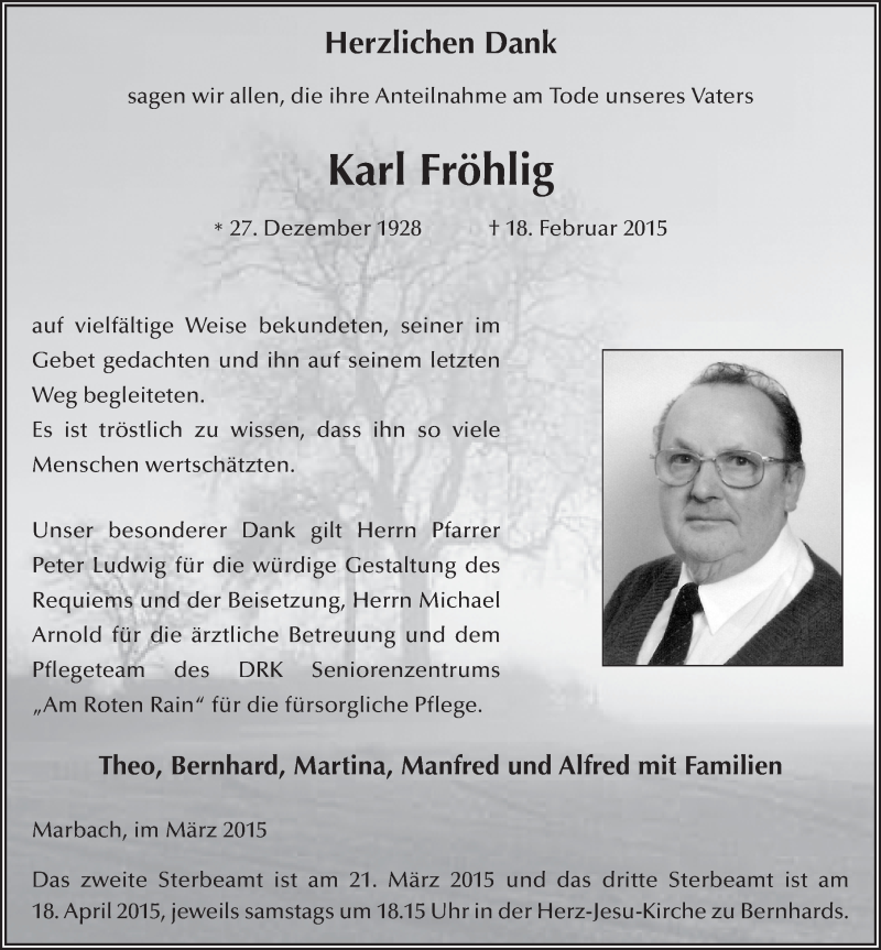  Traueranzeige für Karl Fröhlig vom 18.03.2015 aus 