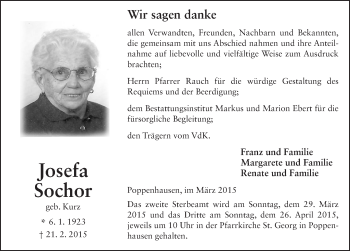 Traueranzeige von Josefa Sochor 