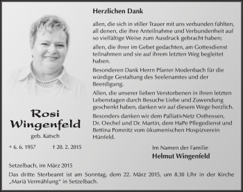 Traueranzeige von Rosi Wingenfeld 