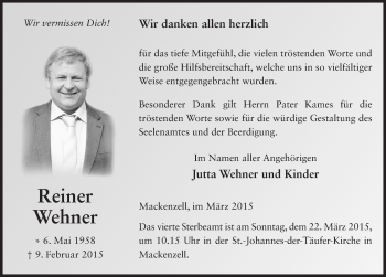 Traueranzeige von Reiner Wehner 