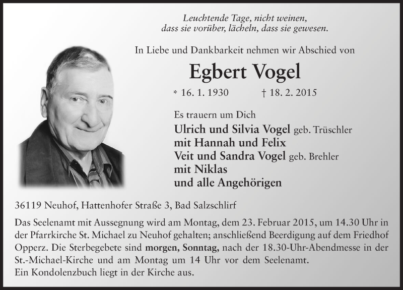  Traueranzeige für Egbert Vogel vom 21.02.2015 aus 