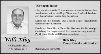Traueranzeige von Willi Klug 