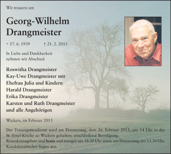 Traueranzeige von Georg-Wilhelm Drangmeister 