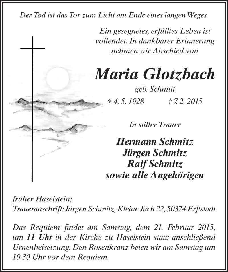  Traueranzeige für Maria Glotzbach vom 19.02.2015 aus 