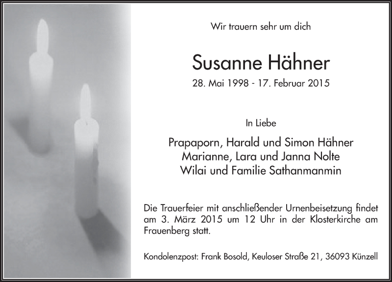 Traueranzeige für Susanne Hähner vom 28.02.2015 aus 