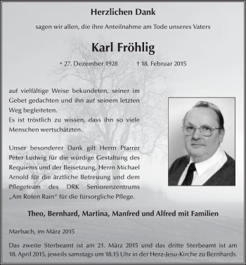 Traueranzeige von Karl Fröhlig 