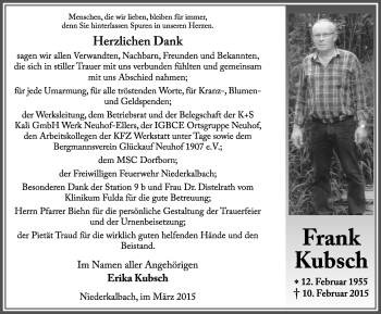 Traueranzeige von Frank Kubsch 