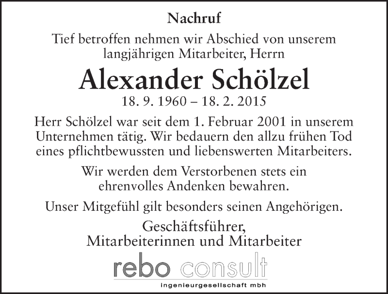  Traueranzeige für Alexander Schölzel vom 28.02.2015 aus 