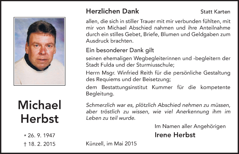  Traueranzeige für Michael Herbst vom 30.05.2015 aus 