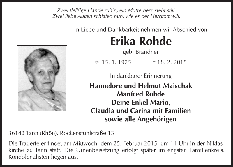  Traueranzeige für Erika Rohde vom 23.02.2015 aus 