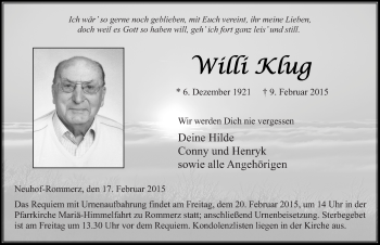 Traueranzeige von Willi Klug 