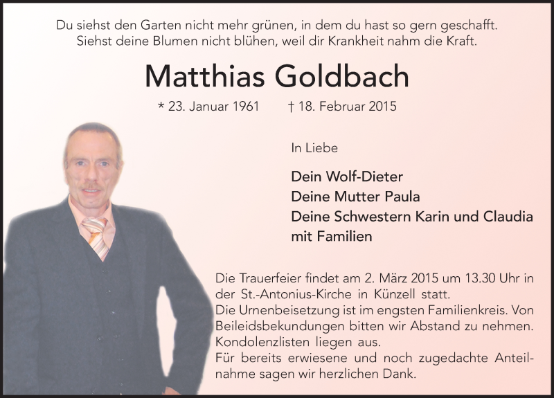  Traueranzeige für Matthias Goldbach vom 27.02.2015 aus 