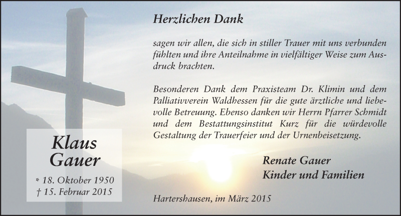 Traueranzeige für Klaus Gauer vom 21.03.2015 aus 