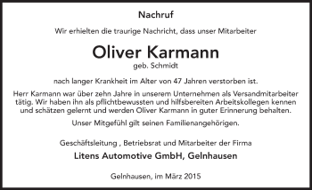 Traueranzeige von Oliver Karmann 