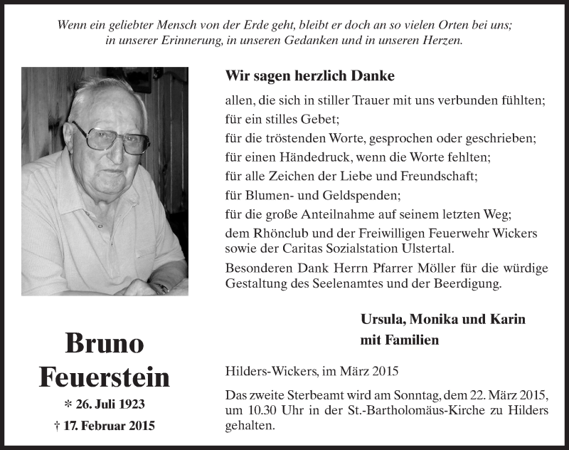  Traueranzeige für Bruno Feuerstein vom 20.03.2015 aus 