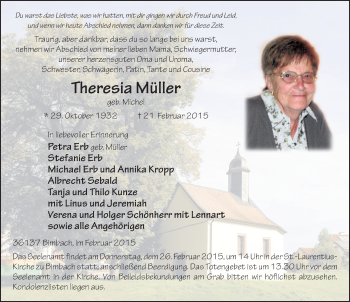 Traueranzeige von Theresia Müller 